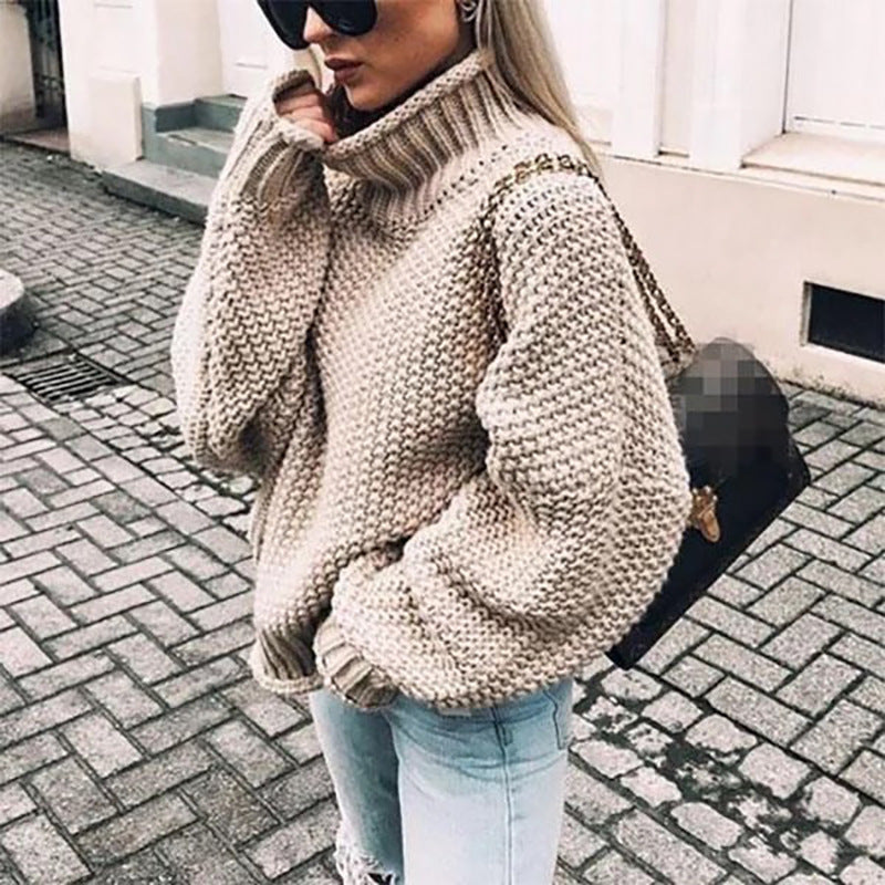 Damen Grobstrickpullover mit hohem Kragen und lässigem Schnitt GR
