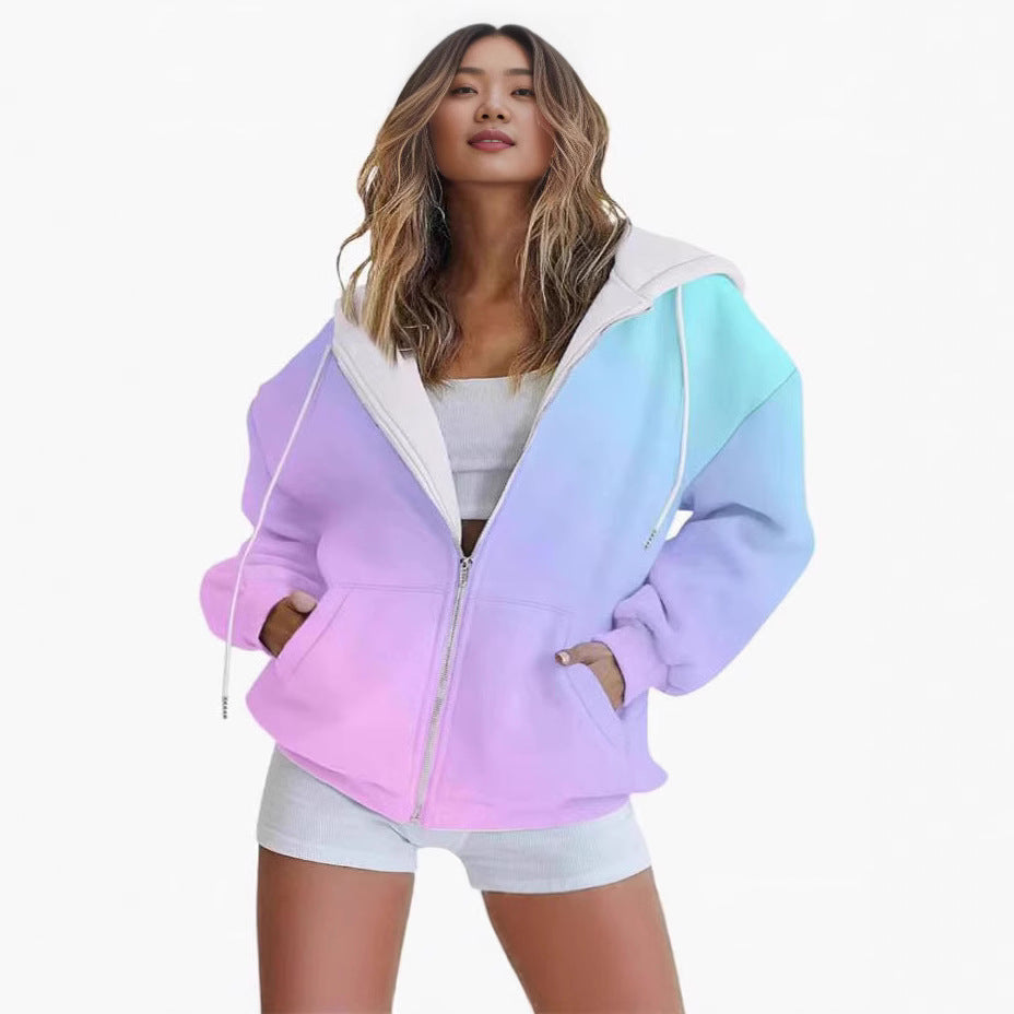 Women's oversized hooded jacket with color gradient and practical pockets, size