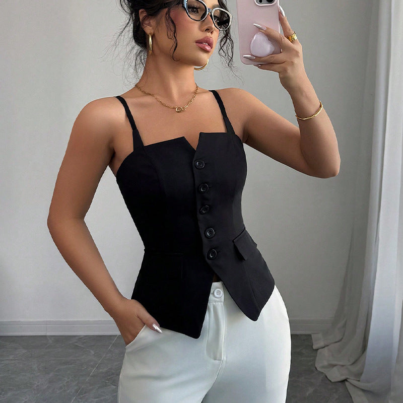Women's sleeveless blouse top with a tailored cut and button details, size [size]