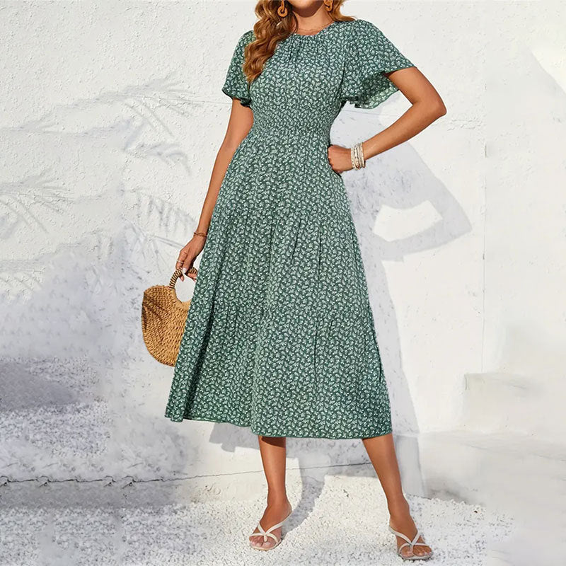 Women's midi dress with voluminous sleeves and flowing skirt, size S
