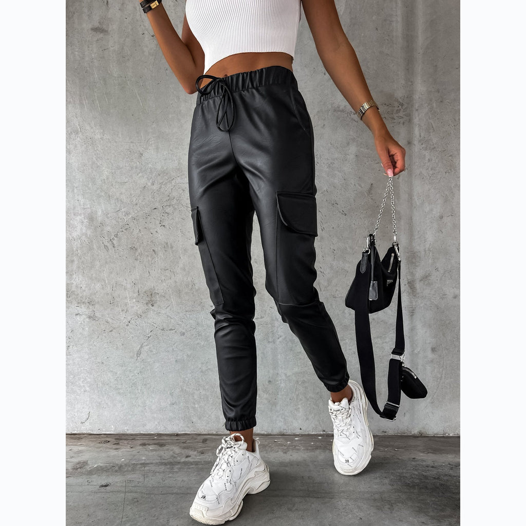 Damen Kunstleder Jogginghose mit praktischen Taschen und elastischem Bund GR