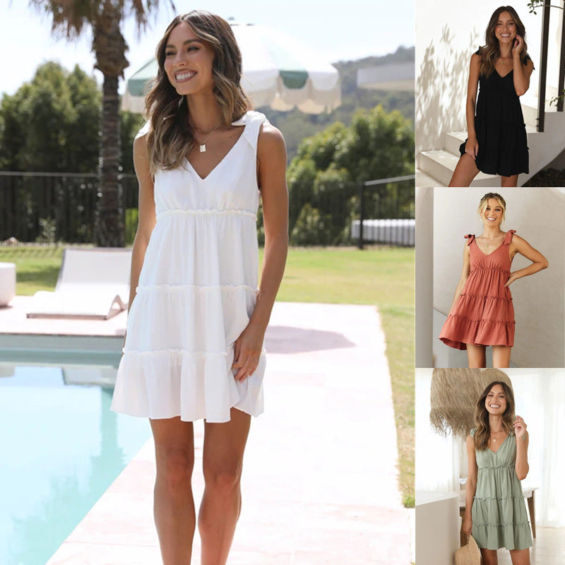 Damen fließendes Sommerkleid mit verstellbaren Trägern und dekorativem Rüschensaum GR