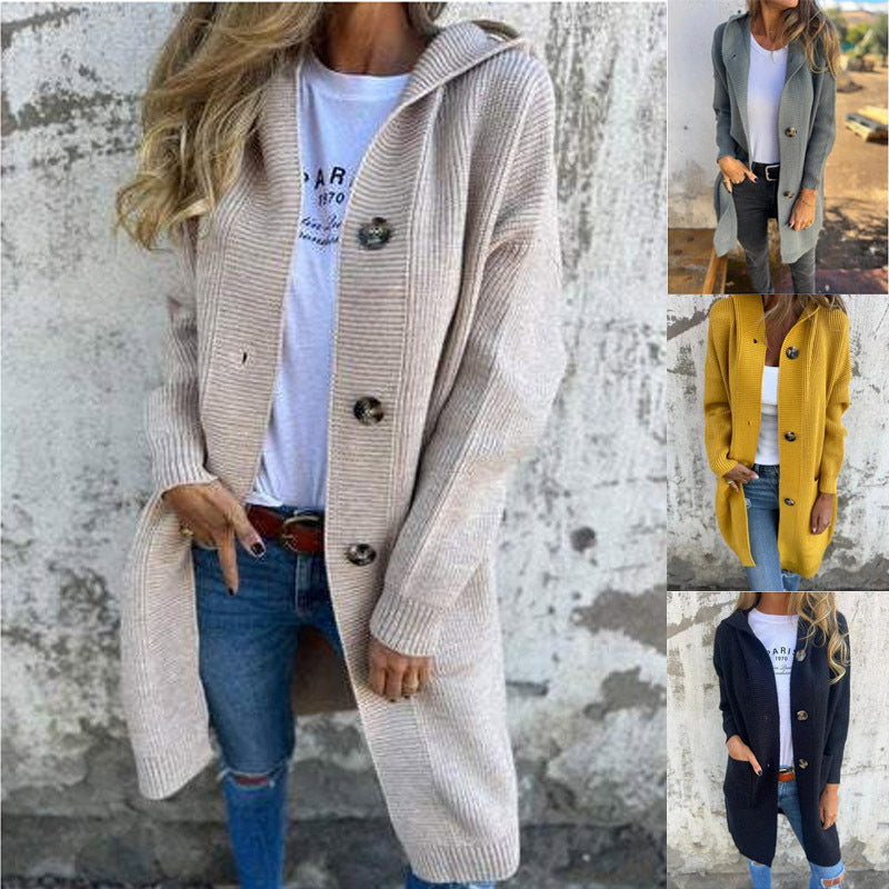 Damen Strickjacke mit Kapuze und Knöpfen GR