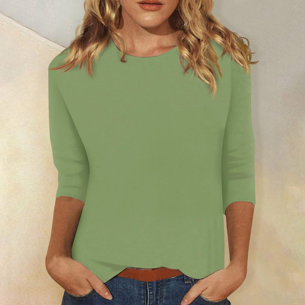 Women's casual top with elegant 3/4 sleeves and curved hem, size S