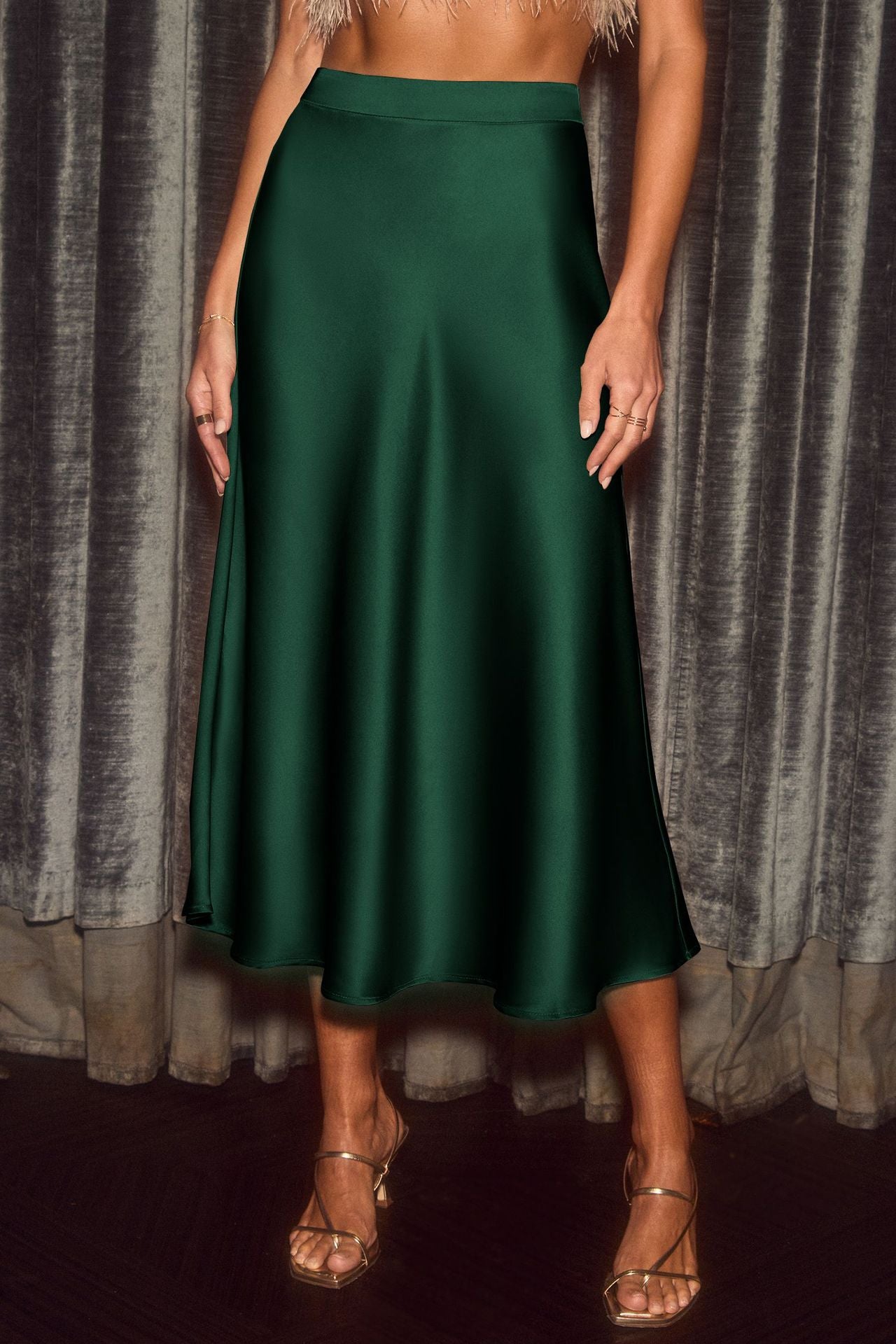 Damen schwingender Satin-Midirock mit elastischem Taillenbund GR