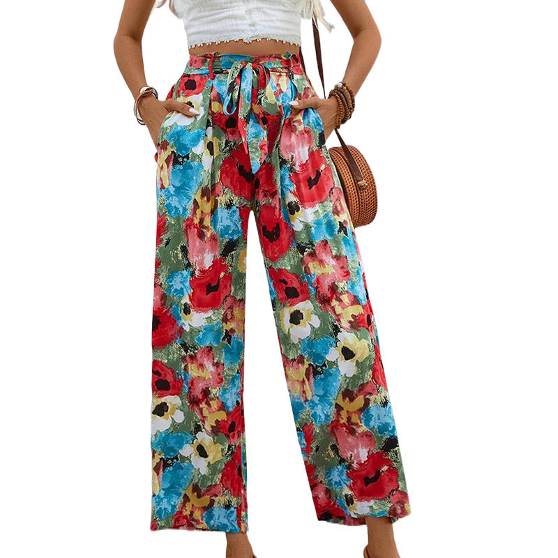 Damen weite Sommerhose mit buntem Blumenmuster und elastischem Bund GR