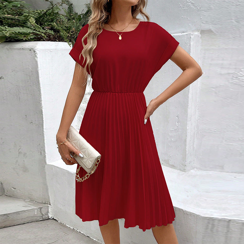 Women's pleated midi dress with elasticated waistband and short sleeves, size