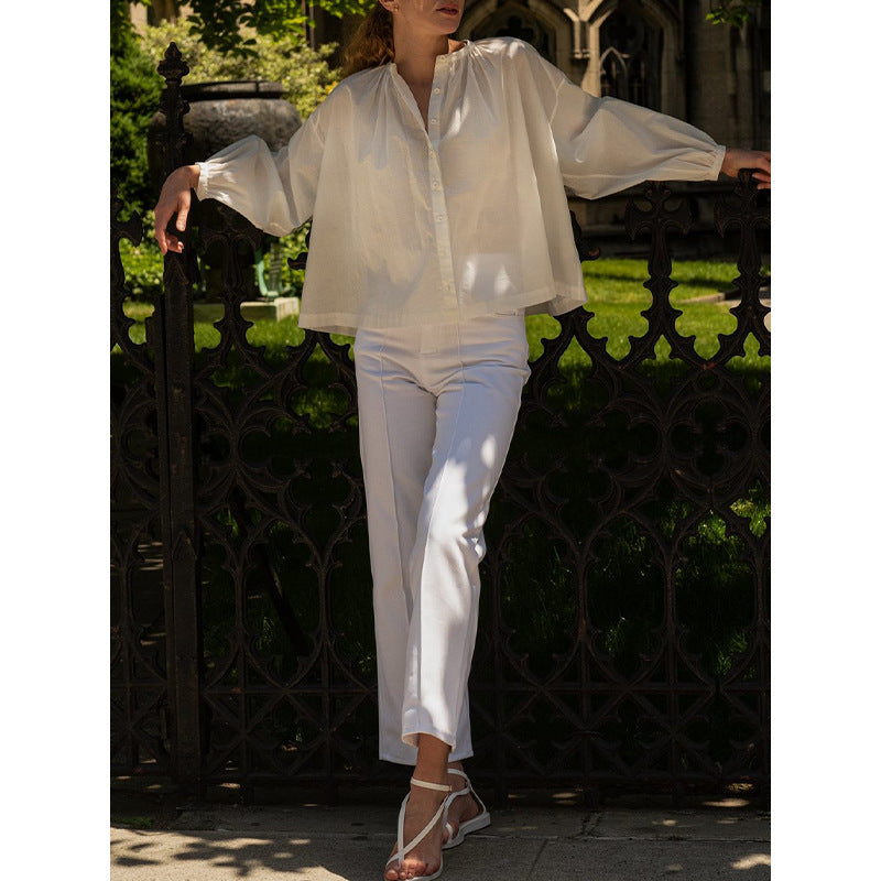 Women's blouse with high collar and elegant button placket, size