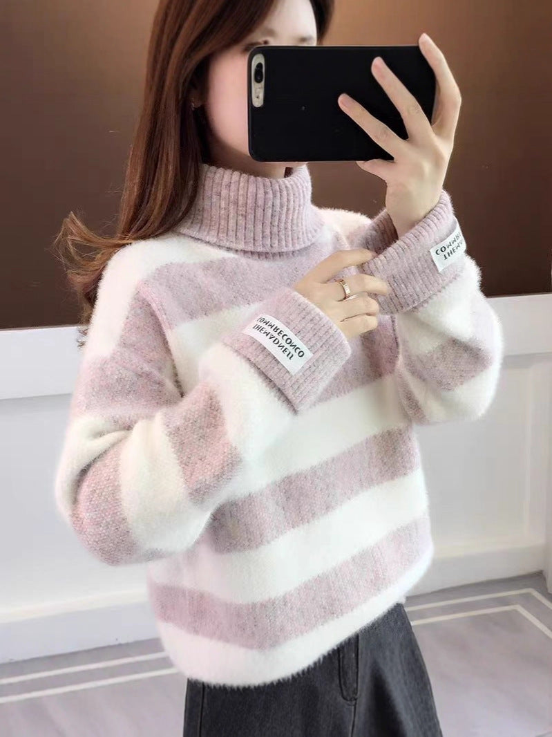 GR | Gestreifter Rollkragen Strickpullover Für Frauen