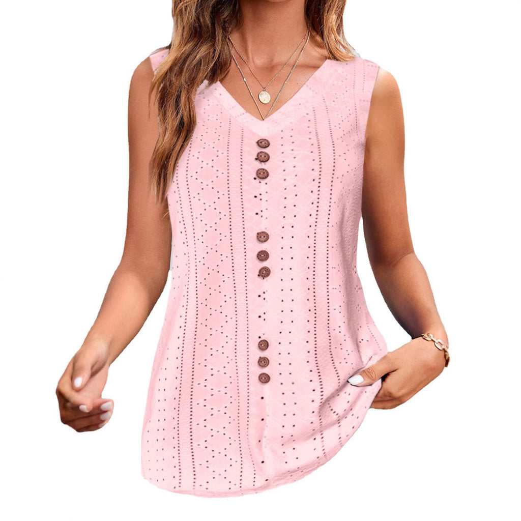 Women's sleeveless blouse with delicate openwork pattern and button placket, size [size missing]