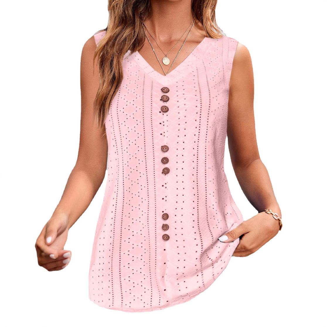 Women's sleeveless blouse with delicate openwork pattern and button placket, size [size missing]