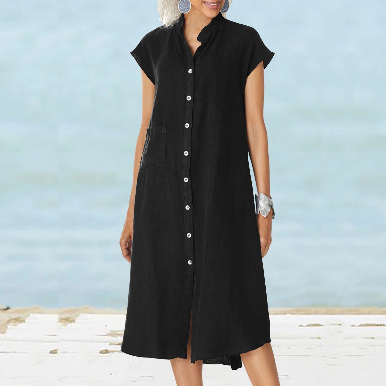 Women's midi dress with comfortable shirt collar and practical side pockets, size