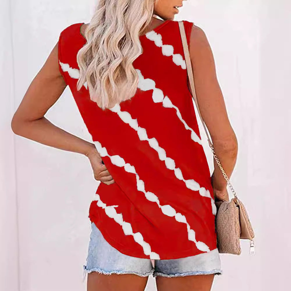 Women's sleeveless top with button placket and modern batik pattern, size