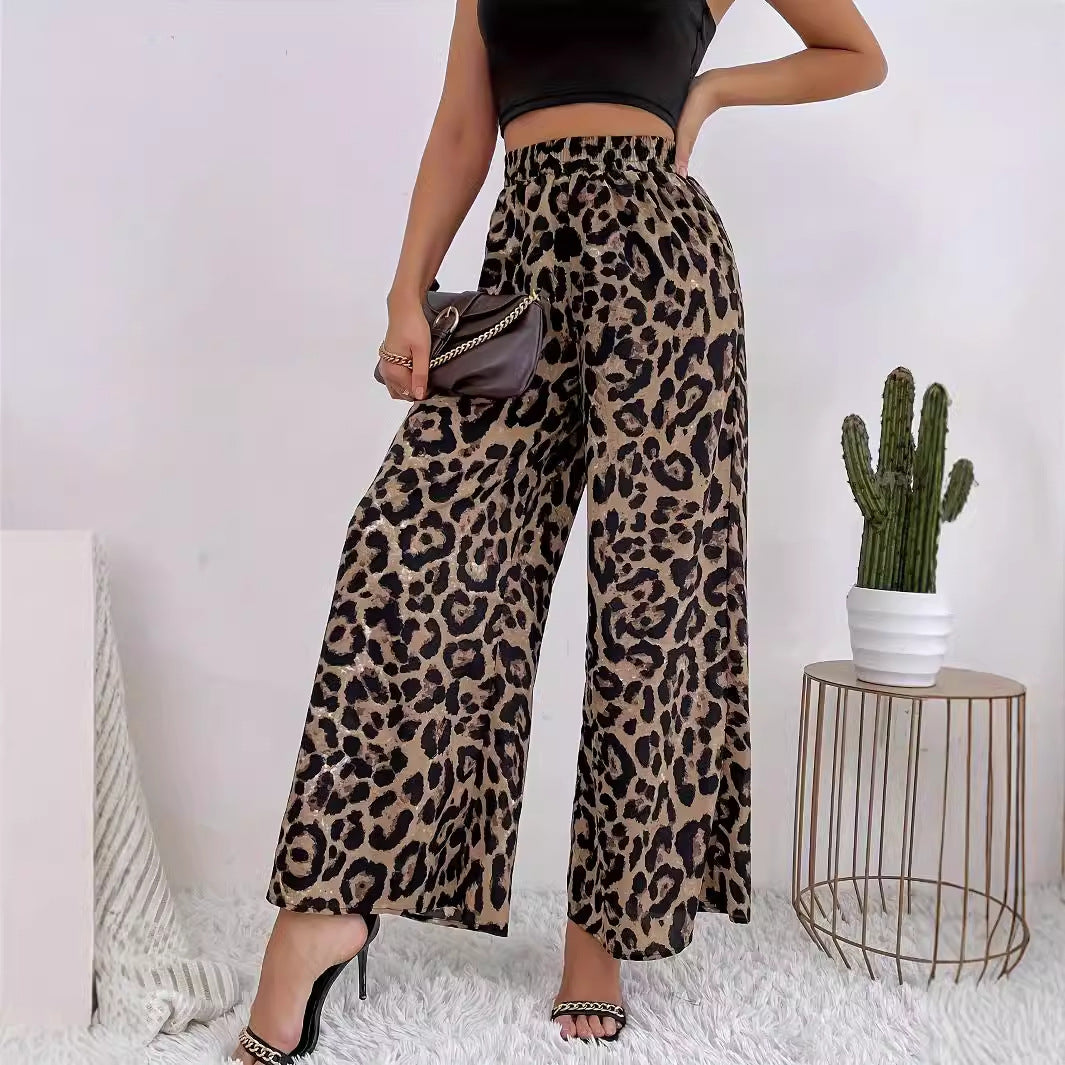 Damen Weite Leopard-Hosen aus fließendem Material mit elastischem Bund GR
