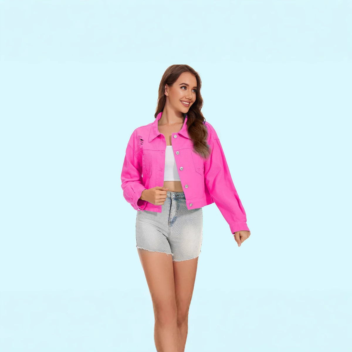 Women's denim jacket in a casual crop style with fringed details, size GR