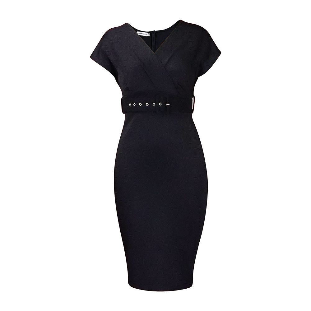 GR | Damen V-Ausschnitt Figurbetontes Midi Kleid mit Gürtel