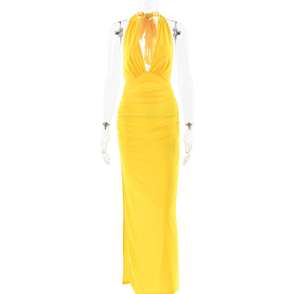 GR | Langes, Rückenfreies Kleid in Einfarbigem Design Mit Schlitz