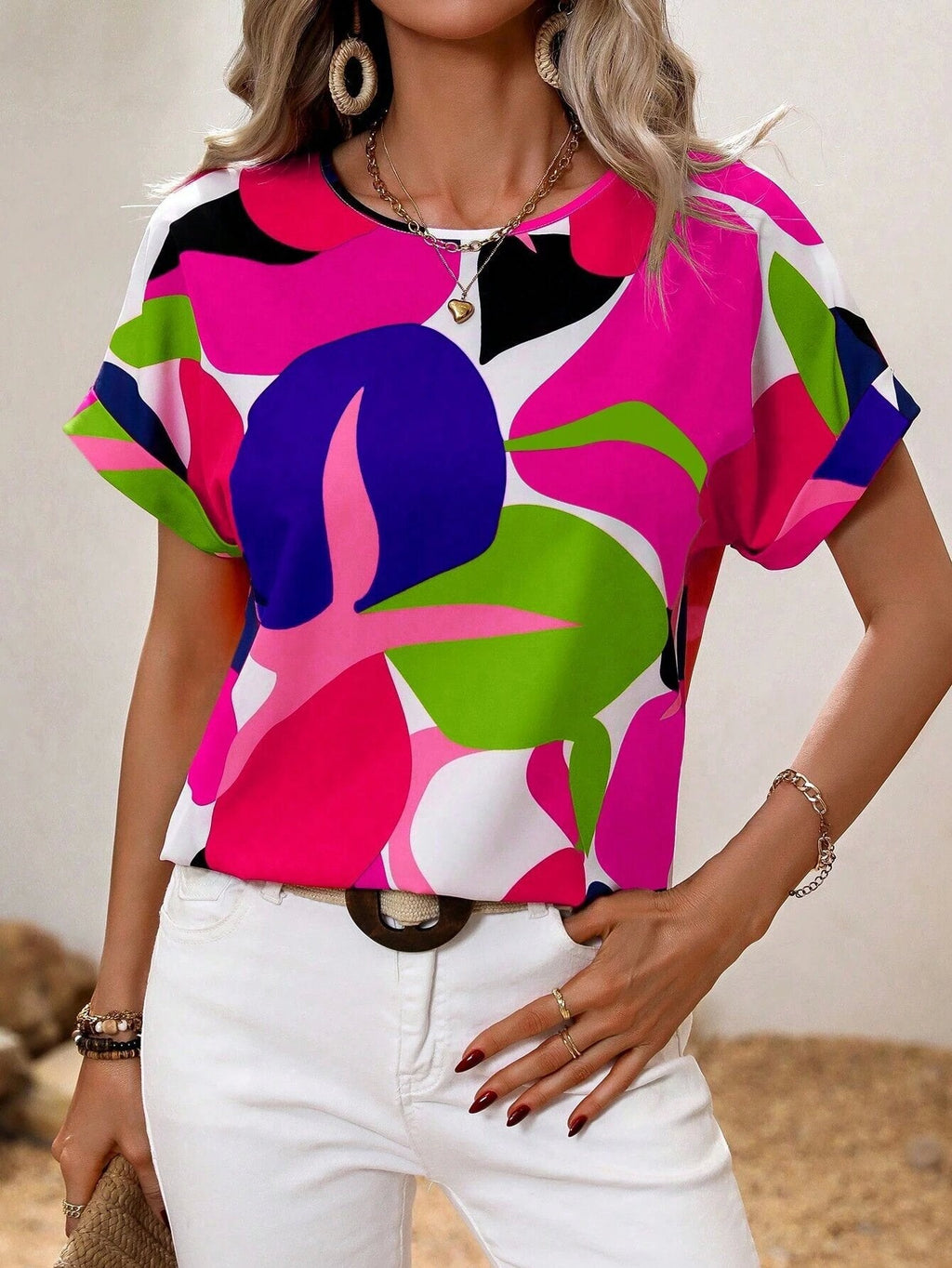 Women's casual blouse top with a modern botanical print and relaxed fit, size [size missing]