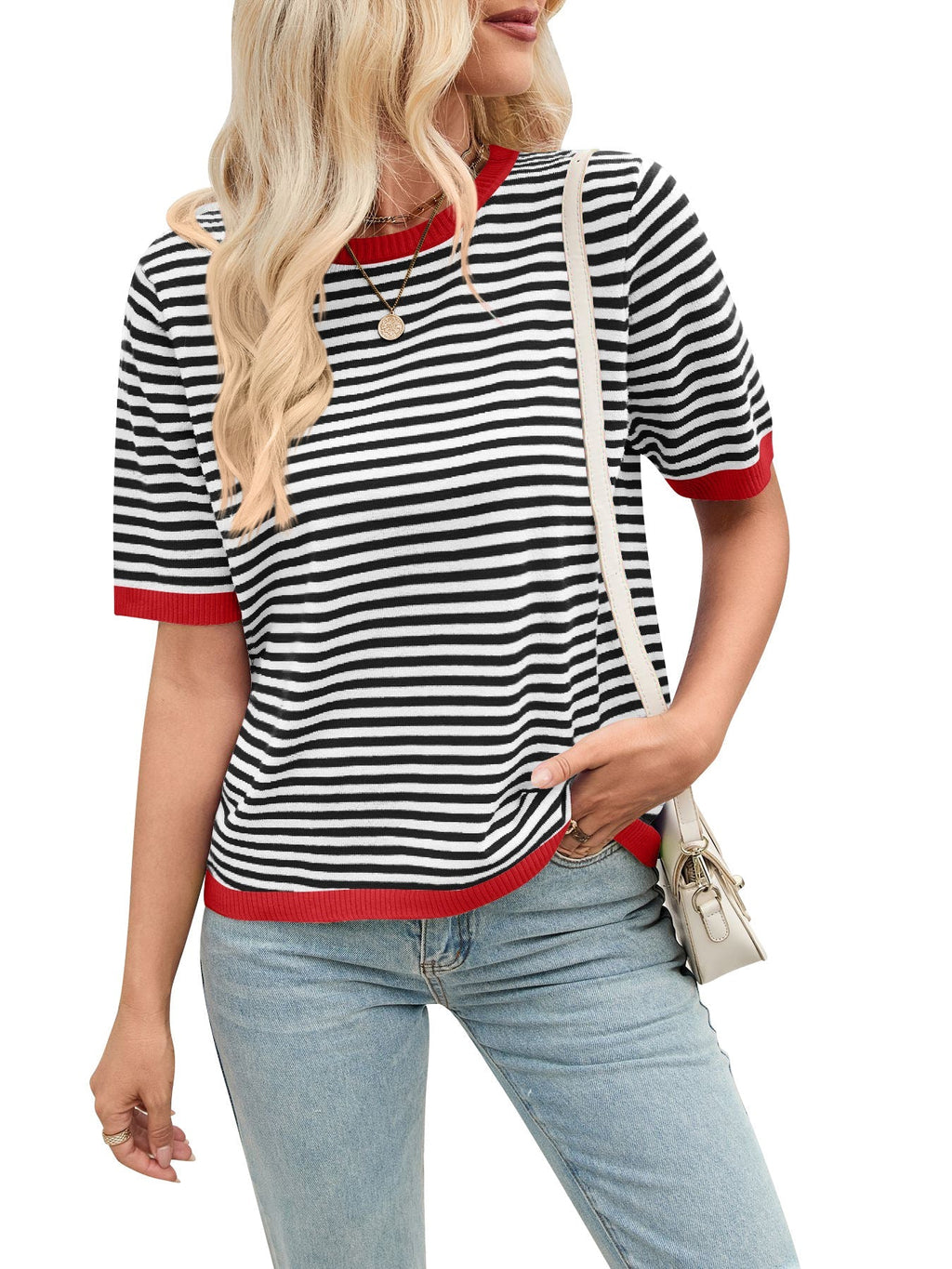 Women's comfortable striped casual blouse with contrasting collar, size