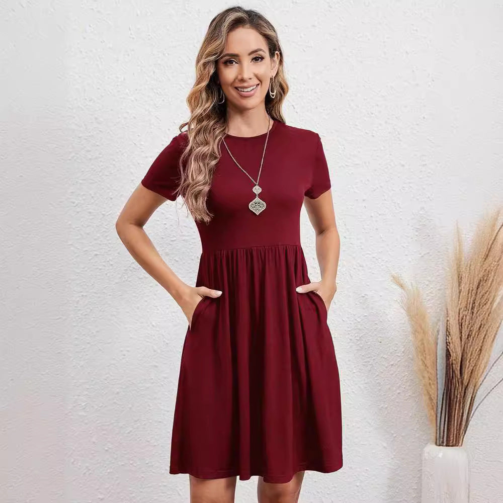 GR | Elastischer Bund Gestricktes Rundhalsausschnitt Kurzarmkleid