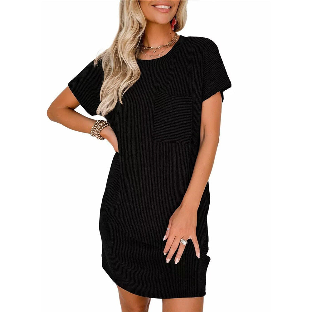 Women's casual short-sleeved dress with striped design and practical pocket, size S