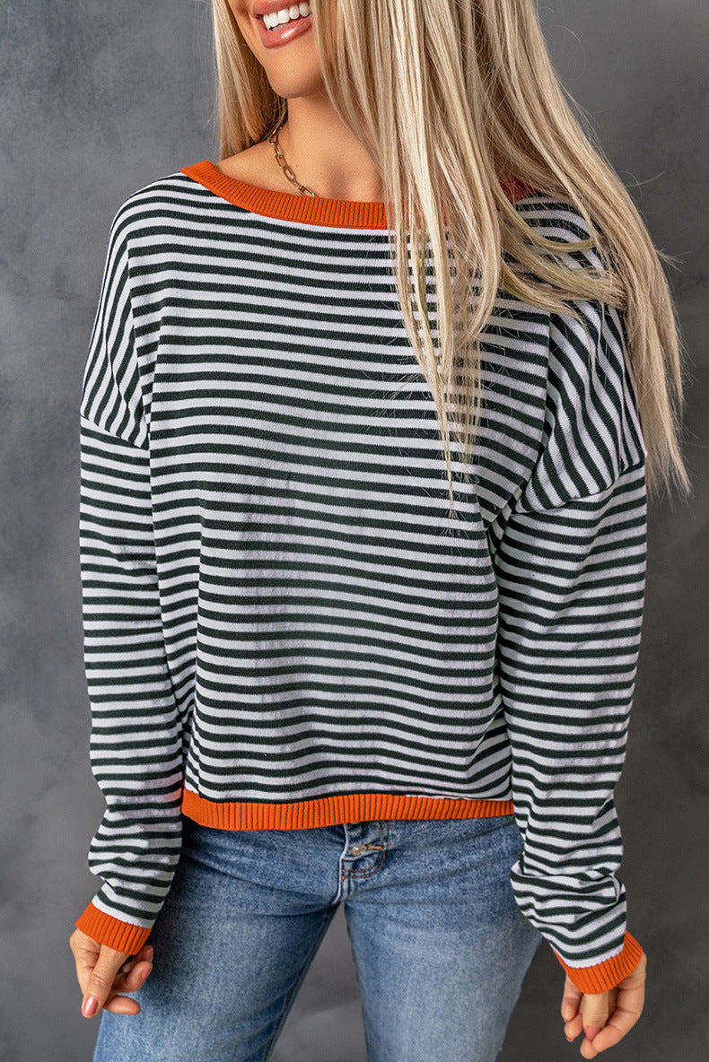GR Kontrast gestreifter Drop-Shoulder-Pullover