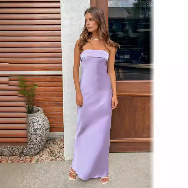 GR | Summer Solid Color Strapless Elastic Backless Satin Dress