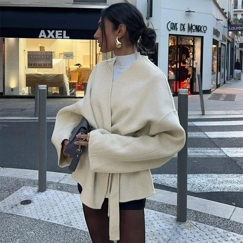 Women's elegant wrap jacket with waist belt, size
