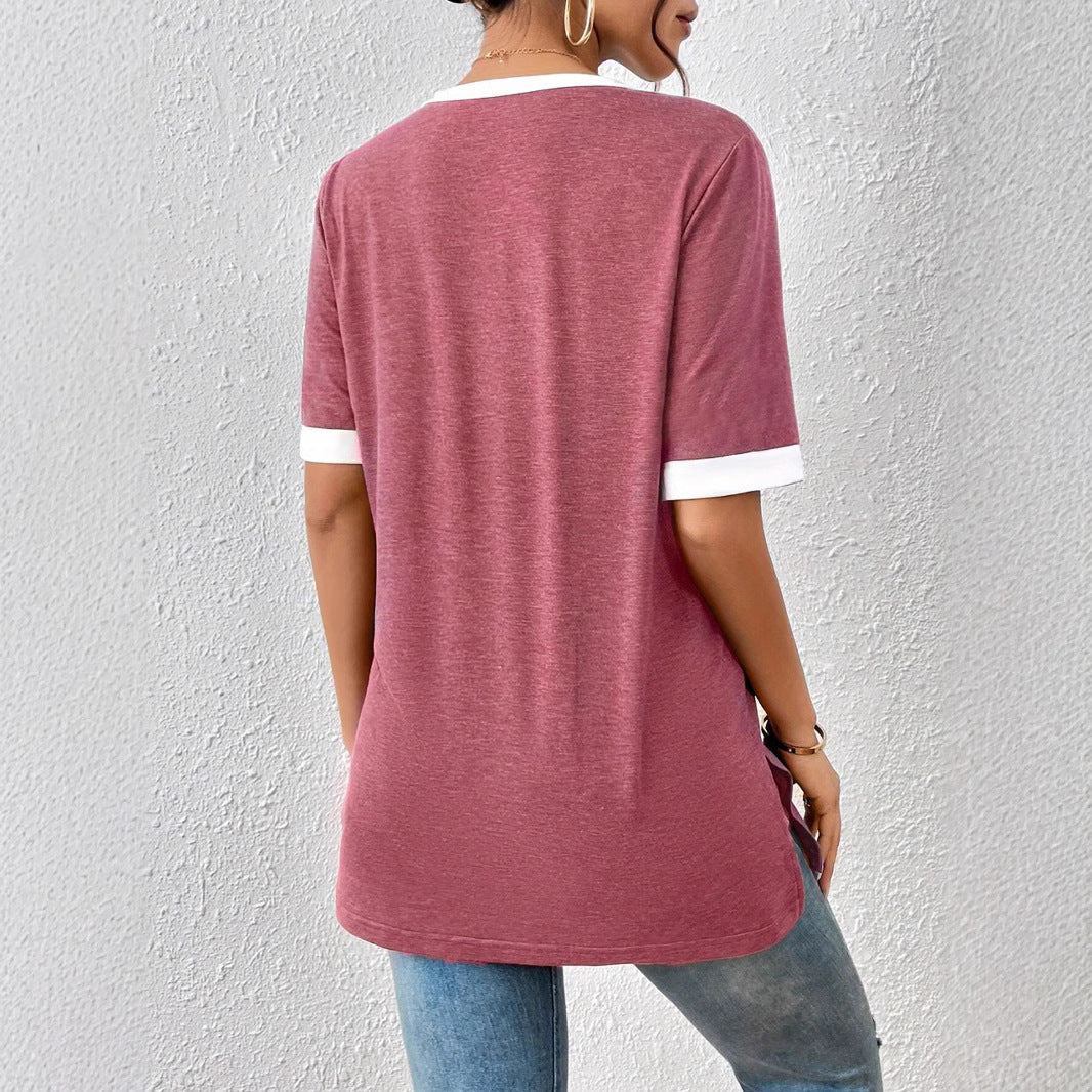 Damen V-Ausschnitt Shirt mit Kontrastärmeln und bequemer Passform GR