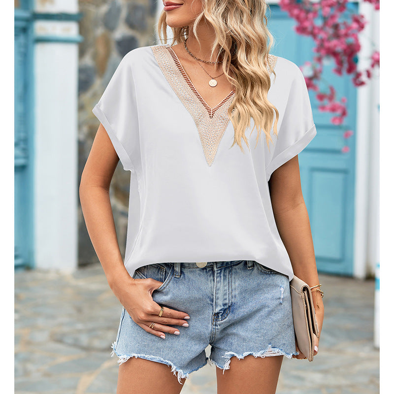 Women's blouse with deep V-neck and crochet accents, size
