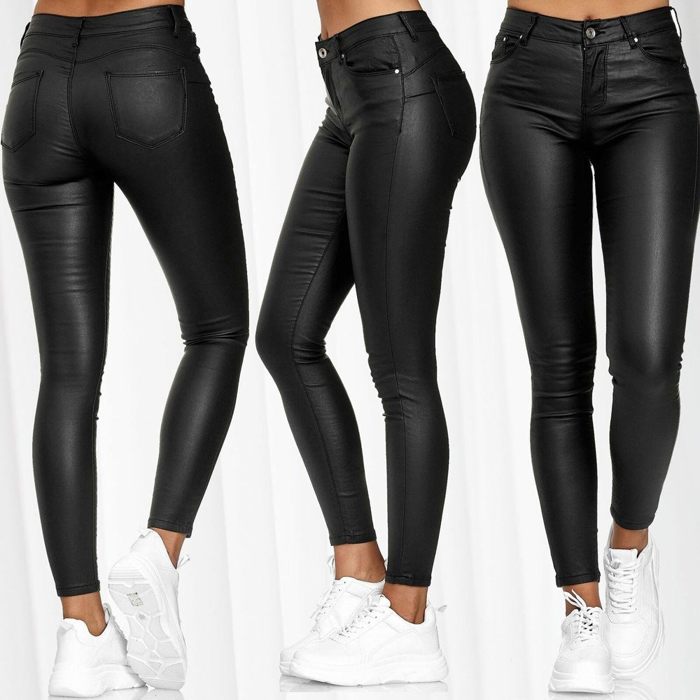 Damen figurbetonte Kunstleder-Hose mit mattem Finish und tiefem Bund GR