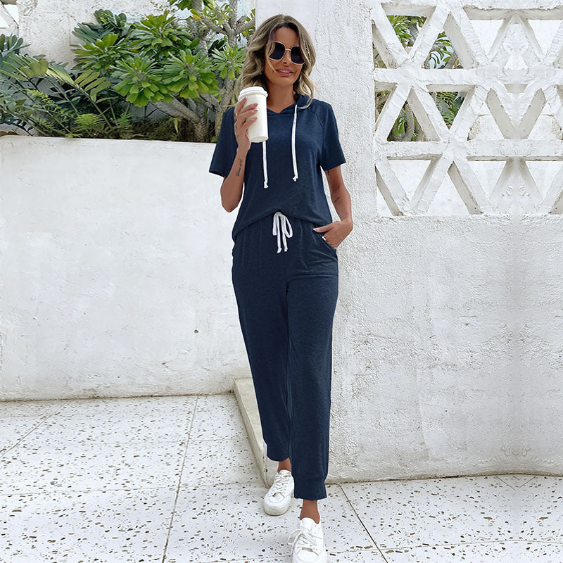 Women's jumpsuit with comfortable drawstring and casual short-sleeved design, size S