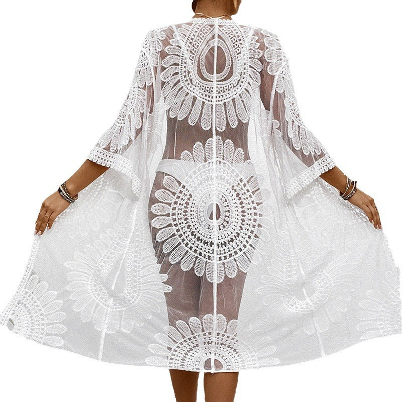 Women's transparent beach throw with elegant crochet pattern, size S
