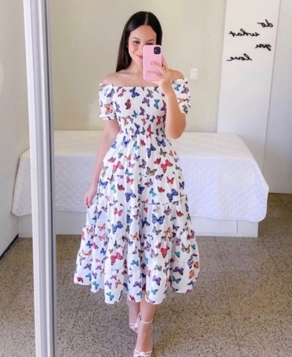 GR | Mode Kurzärmelig Bedruckt Ausgestelltes Midi Kleid