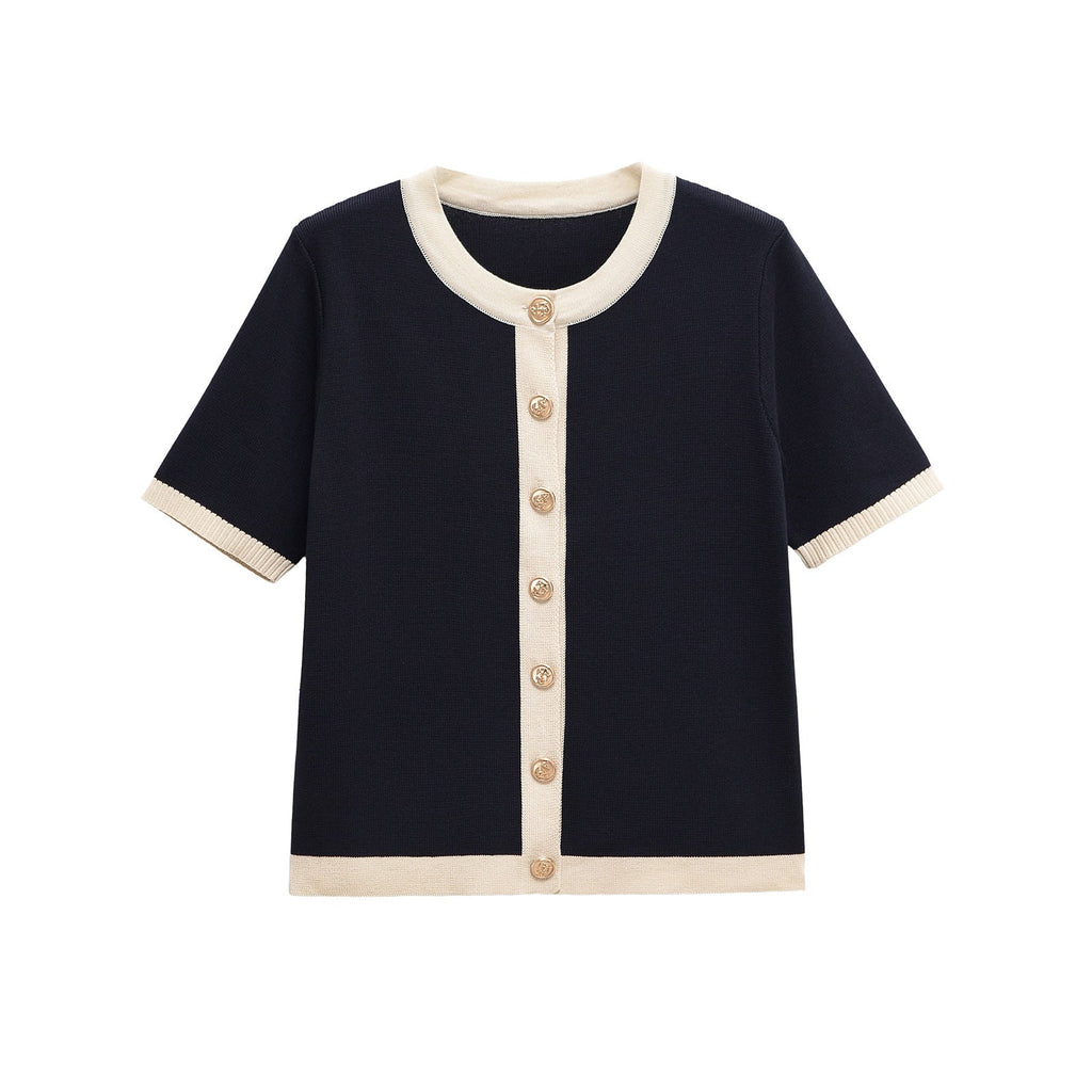 Damen Kurzarm Strickoberteil mit dekorativen Knöpfen und modernem Design GR