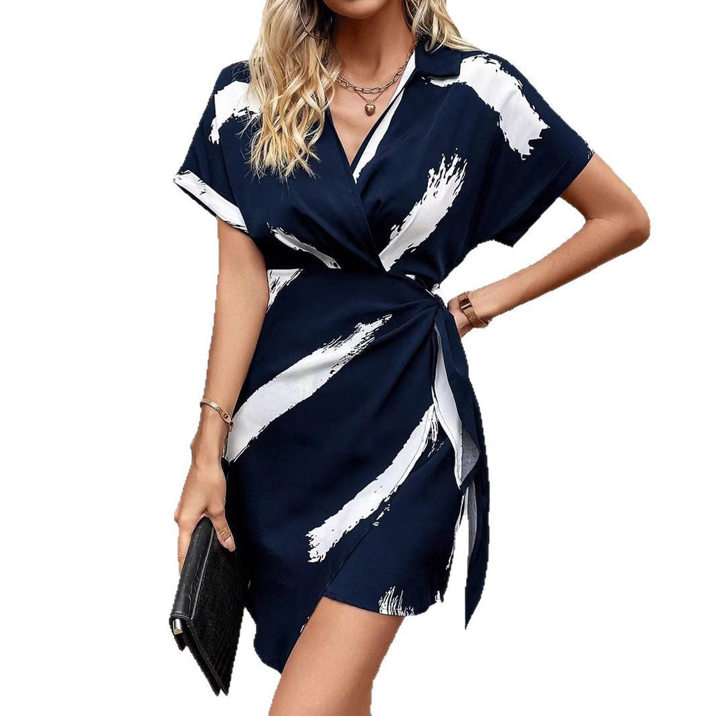 GR | Elegantes bedrucktes V-Ausschnitt-Kleid mit Schleife