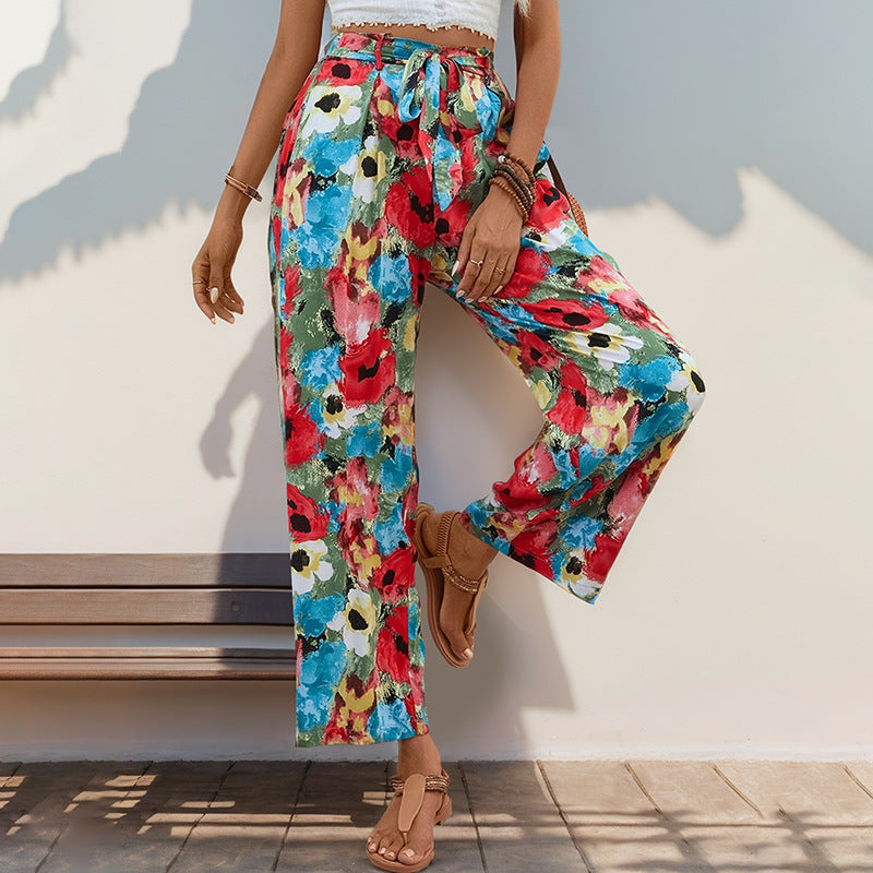 Damen weite Sommerhose mit buntem Blumenmuster und elastischem Bund GR