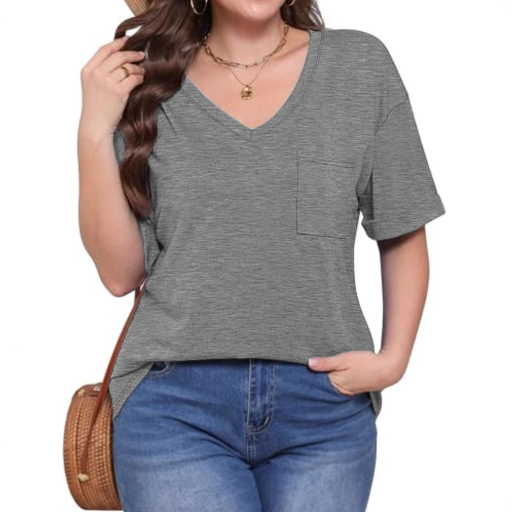 Damen V-Ausschnitt T-Shirt mit Taschen und lässiger Passform GR