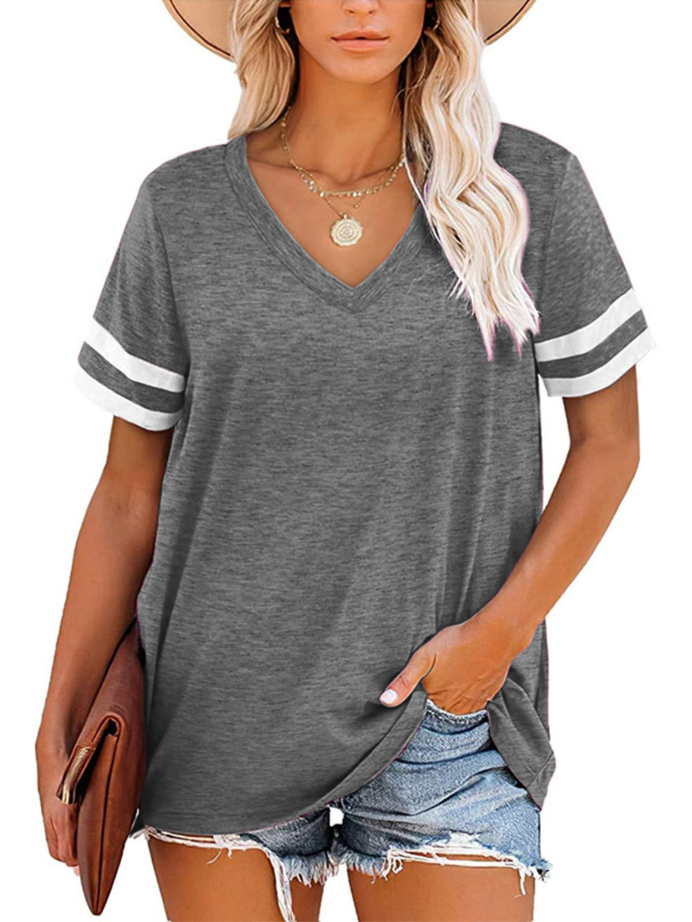 Damen V-Ausschnitt T-Shirt mit sportlichem Streifenmuster und lockerem Schnitt GR