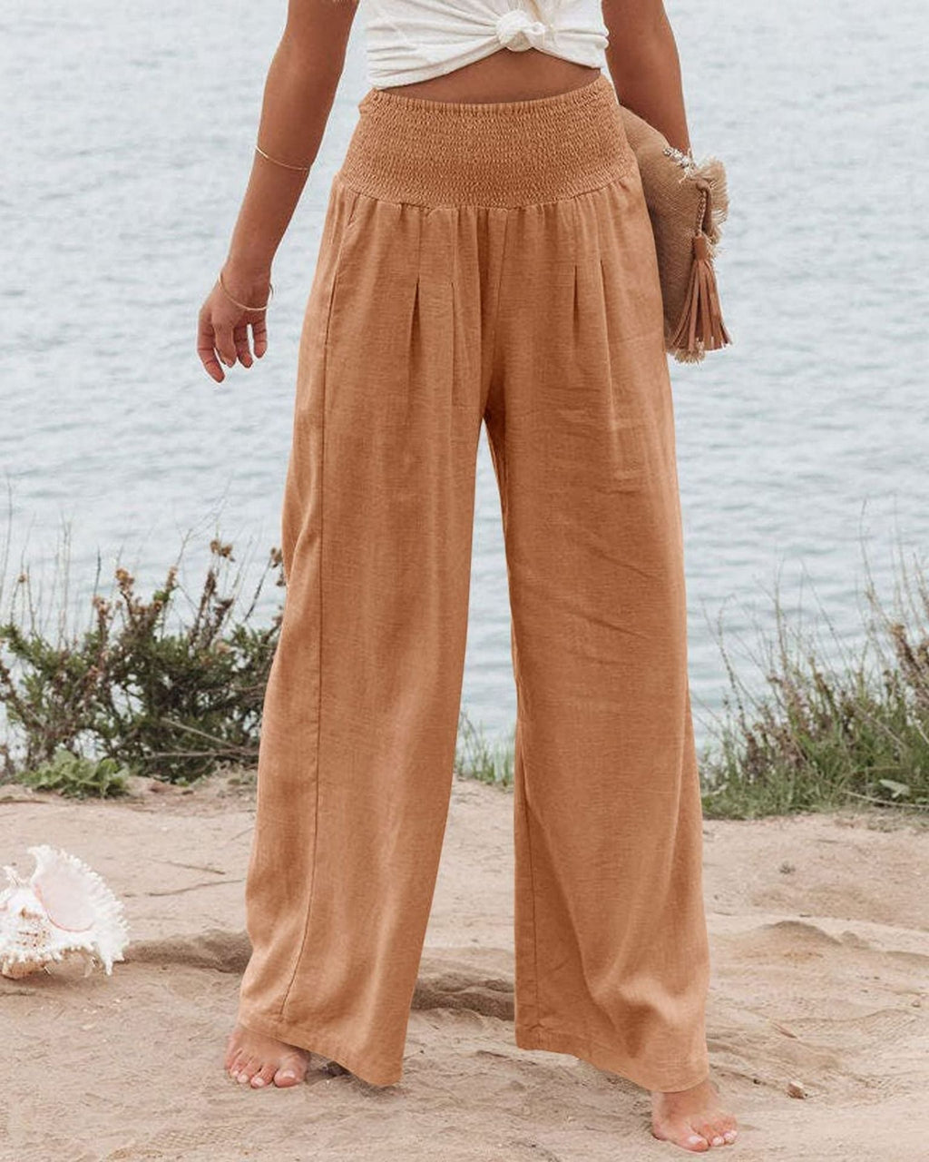 Damen Weite Leinenhose mit elastischem Bund und Falten GR