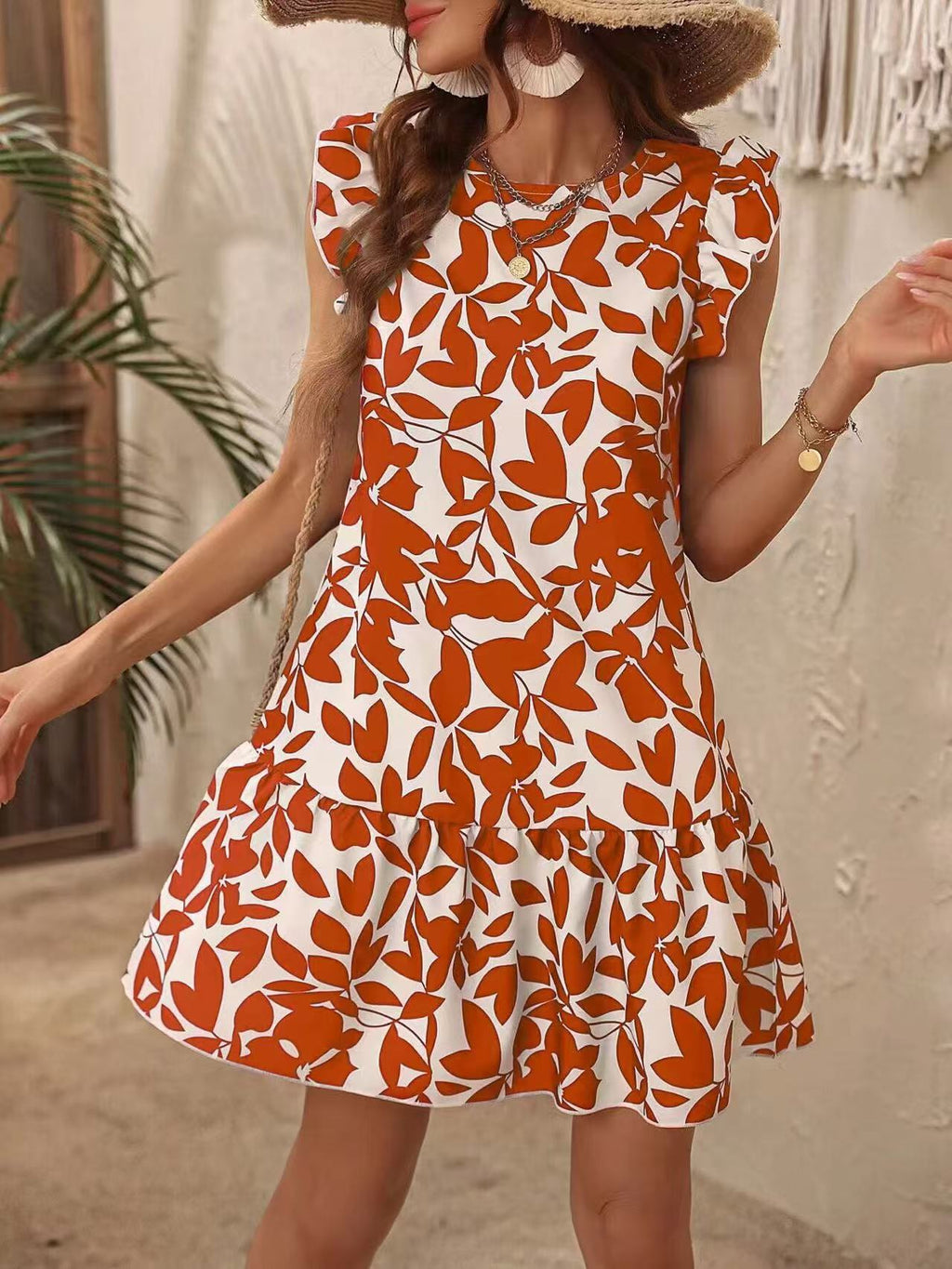 Women's summer dress with ruffle details and floral pattern, size