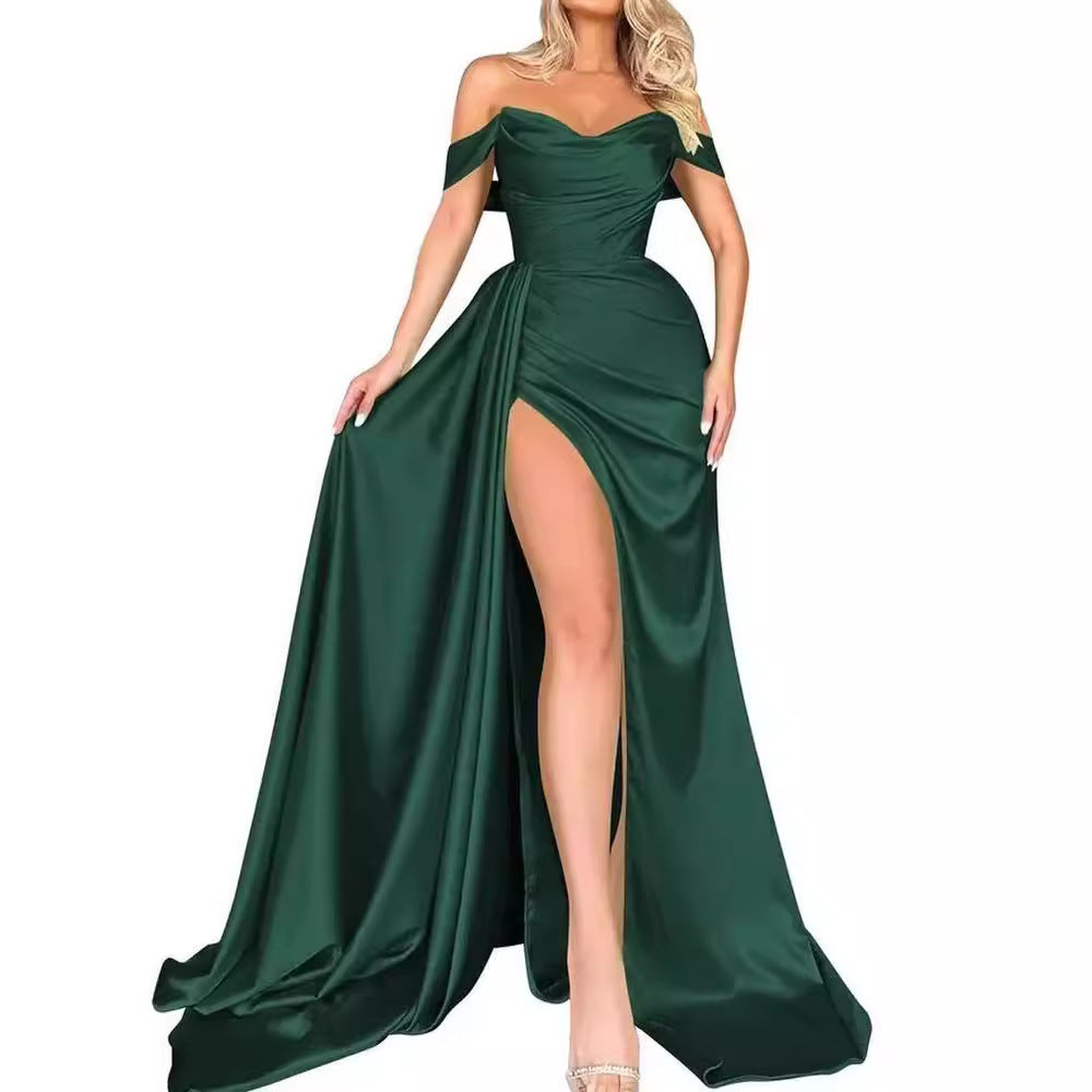 Women's off-the-shoulder evening dress with high leg slit and voluminous skirt, size [size missing]