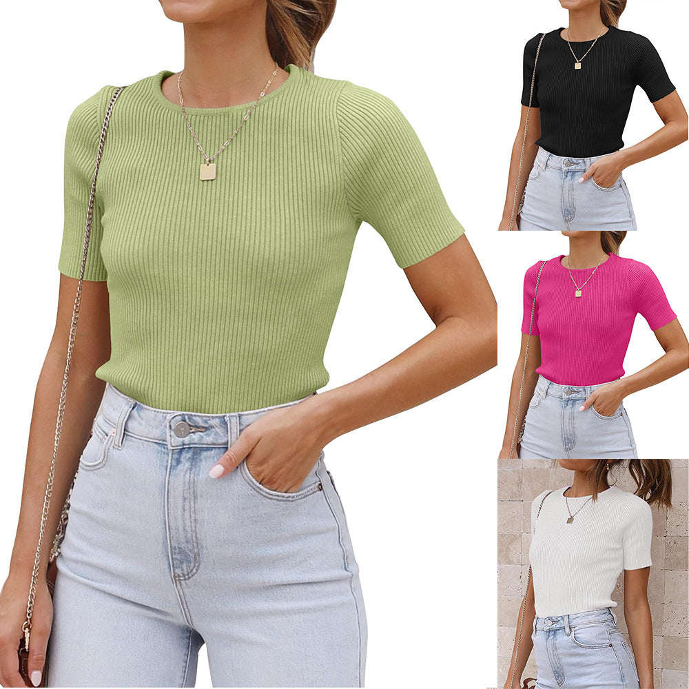 Damen figurbetontes T-Shirt mit feiner Rippstruktur und Rundhalsausschnitt GR