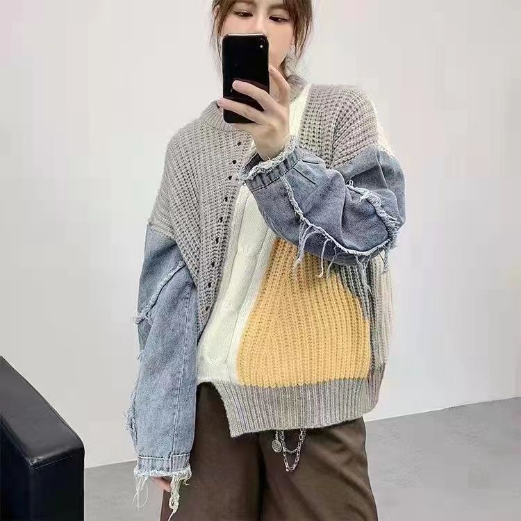 GR | Patchwork sweater with denim sleeves