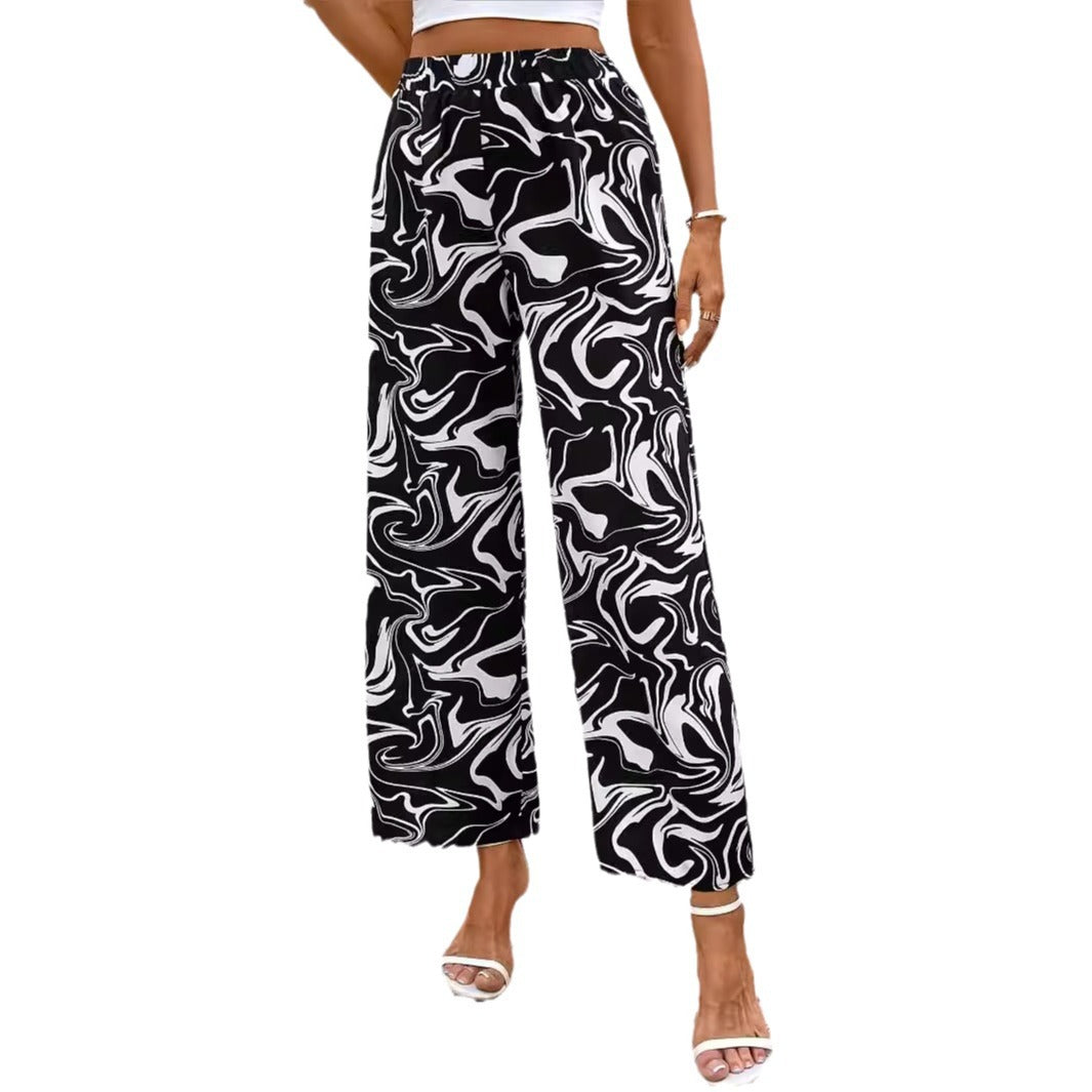 Women's wide-leg palazzo trousers with a modern marble print and elasticated waistband, size S