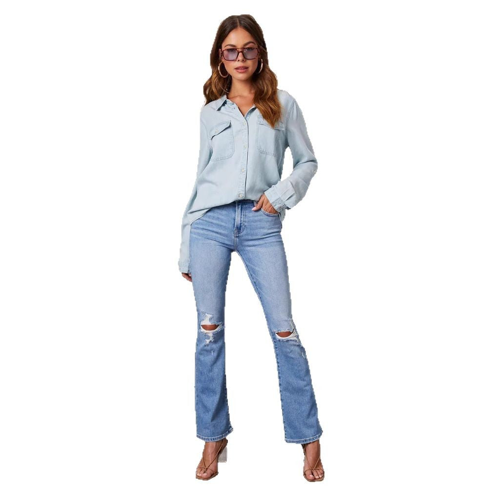 Women's denim shirt with turn-up sleeves and two chest pockets, size S