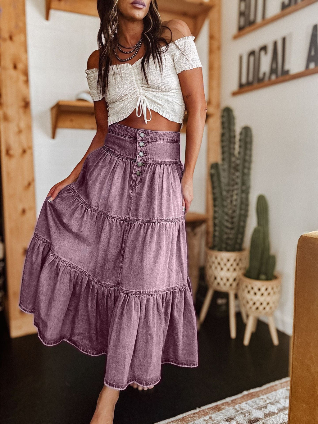 Damen Baumwollrock mit voluminösem Stufen-Design und modischem Knopfdetail GR
