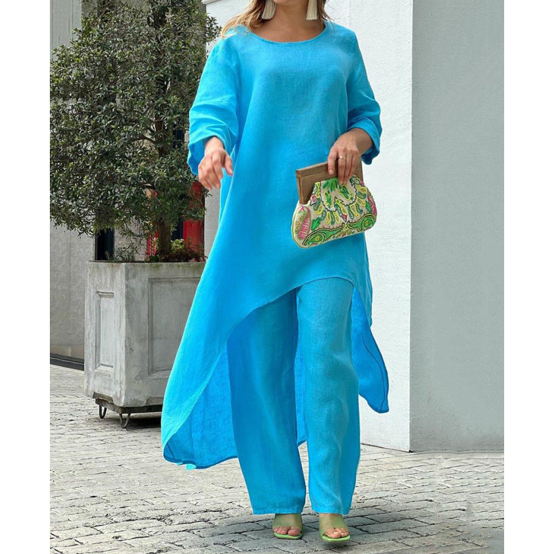 GR | Cotton Linen Loose Irregular Long Sleeve Two-Piece Set