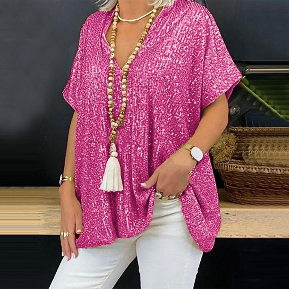 Women's sparkling top with an elegant V-neck and a relaxed fit, size [size]