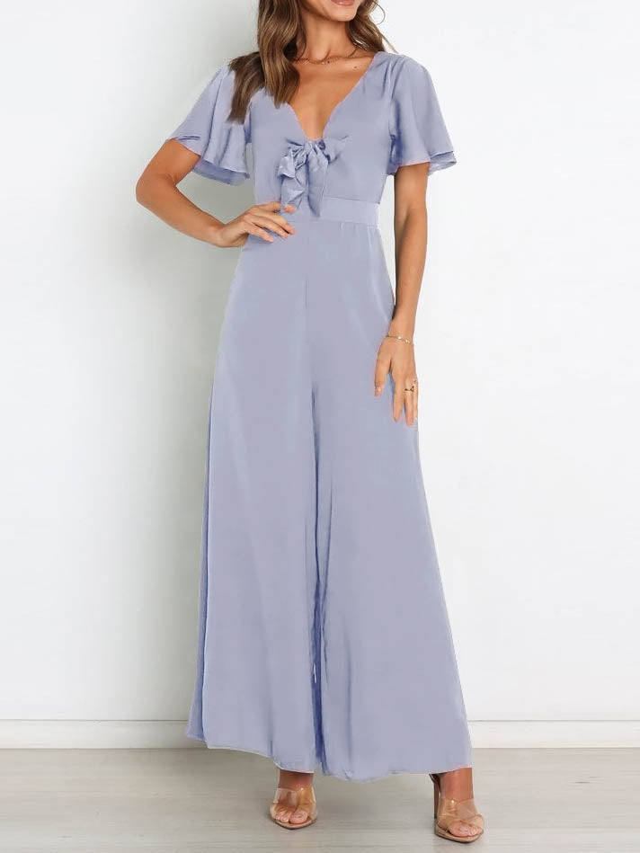 GR | Short-sleeved wide-leg casual V-neck jumpsuit